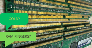 RAM fingers from old computer memory, gold plated electronic scrap used for recycling.