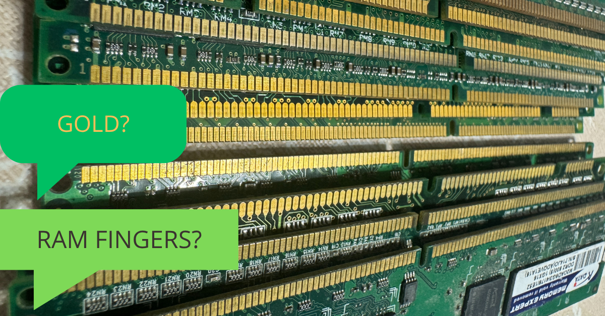 RAM fingers from old computer memory, gold plated electronic scrap used for recycling.