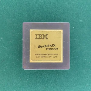 IBM 6x86MX PR233 ceramic CPU with gold top on green background