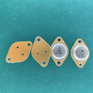 Four TO-3 style components: two Motorola 358 metal-can power transistors and two gold mounting plates